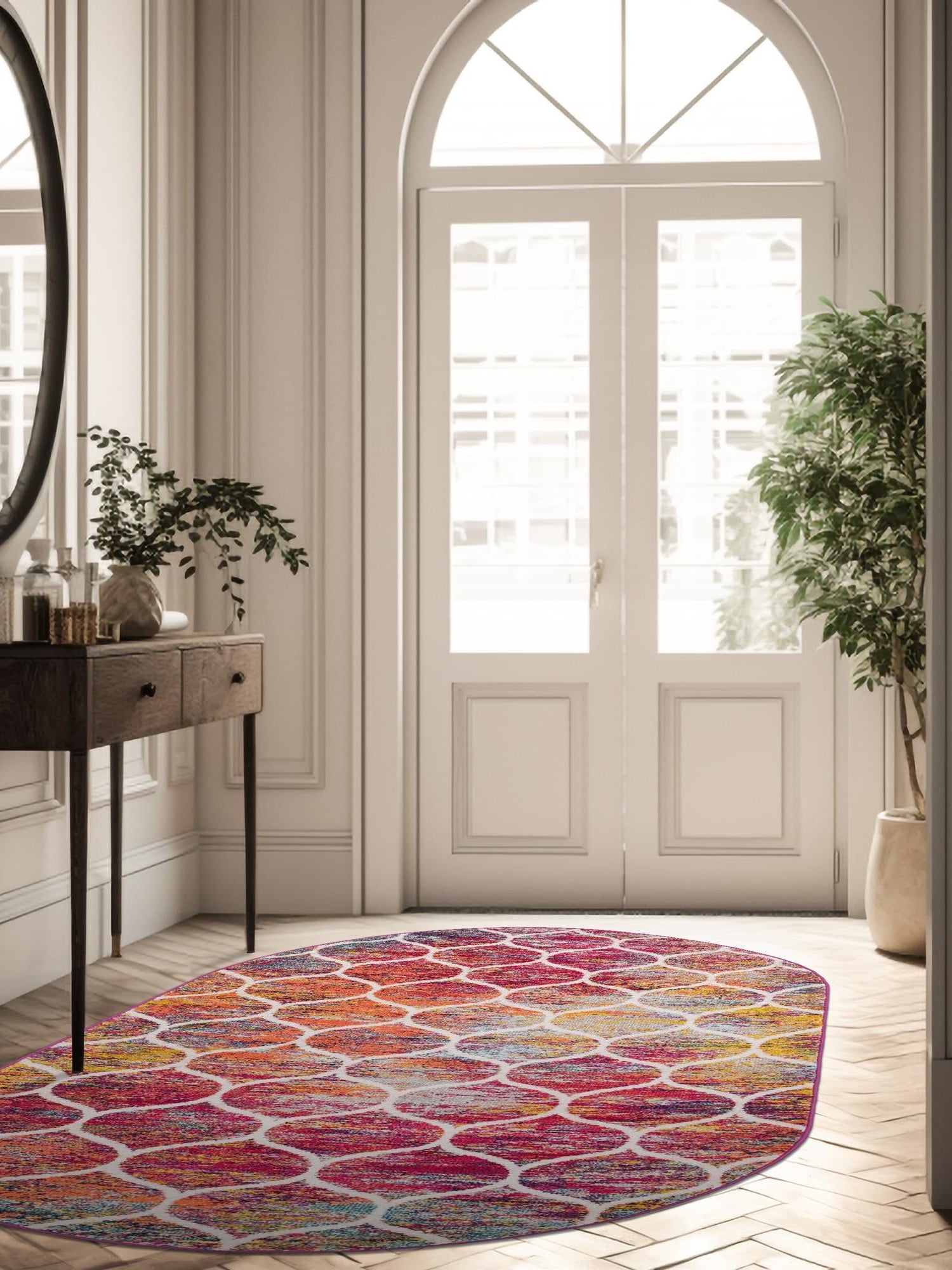 Multicolor 4' 1 x 6' 1 Trellis Frieze Oval Area Rug Geometric Modern Unique Stain Resistant Easy Clean Carpet for Living, Dining, Bedrooms, Office for Sale at Rug Engine
