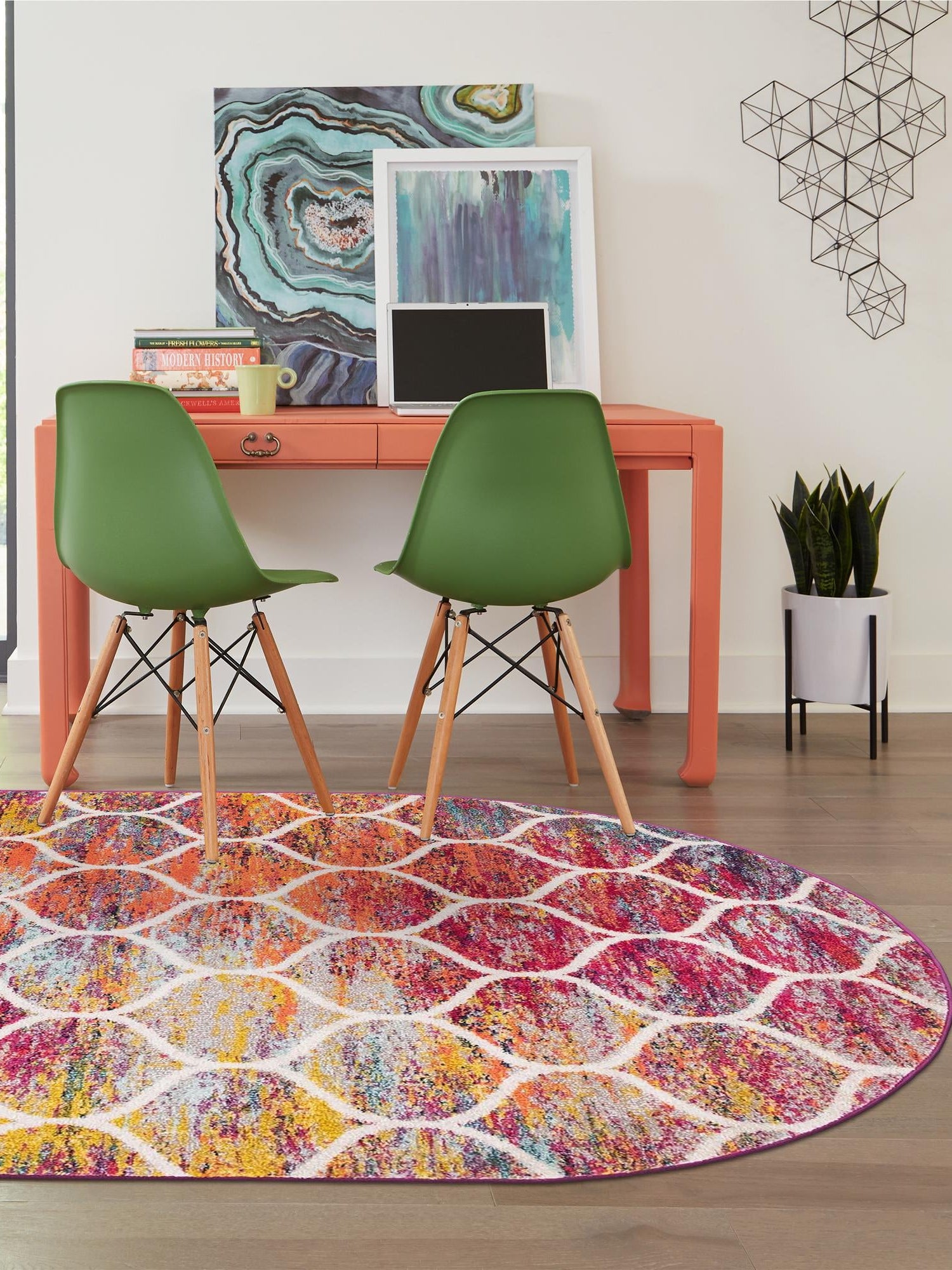 Multicolor 5' 3 x 8' Trellis Frieze Oval Area Rug Geometric Modern Unique Stain Resistant Easy Clean Carpet for Living, Dining, Bedrooms, Office for Sale at Rug Engine