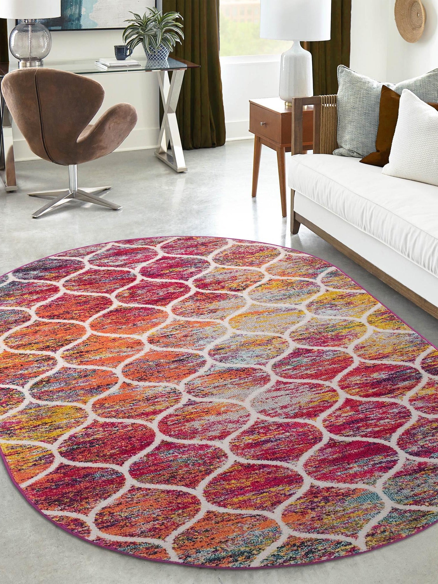 Multicolor 3' 1 x 5' 3 Trellis Frieze Oval Area Rug Geometric Modern Unique Stain Resistant Easy Clean Carpet for Living, Dining, Bedrooms, Office for Sale at Rug Engine