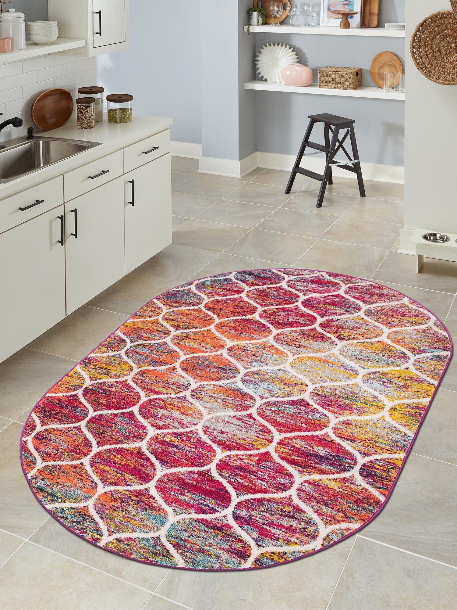 Multicolor 3' 1 x 5' 3 Trellis Frieze Oval Area Rug Geometric Modern Unique Stain Resistant Easy Clean Carpet for Living, Dining, Bedrooms, Office for Sale at Rug Engine