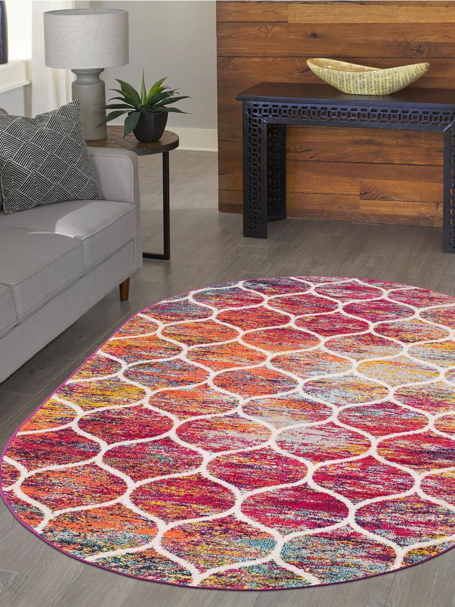 Multicolor 5' 3 x 8' Trellis Frieze Oval Area Rug Geometric Modern Unique Stain Resistant Easy Clean Carpet for Living, Dining, Bedrooms, Office for Sale at Rug Engine