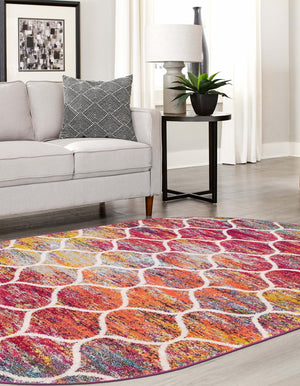 Multicolor 5' 3 x 8' Trellis Frieze Oval Area Rug Geometric Modern Unique Stain Resistant Easy Clean Carpet for Living, Dining, Bedrooms, Office for Sale at Rug Engine