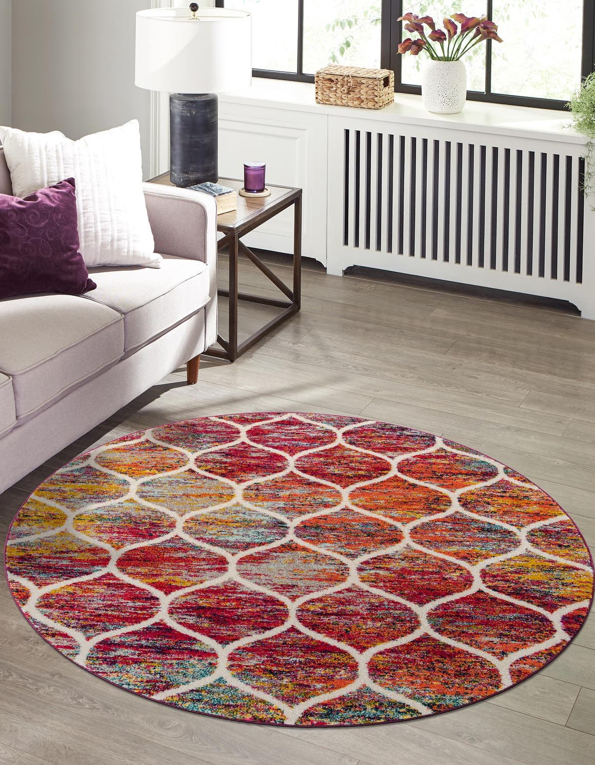 Multicolor 10' x 10' Trellis Frieze Round Area Rug Geometric Modern Unique Stain Resistant Easy Clean Carpet for Living, Dining, Bedrooms, Office for Sale at Rug Engine