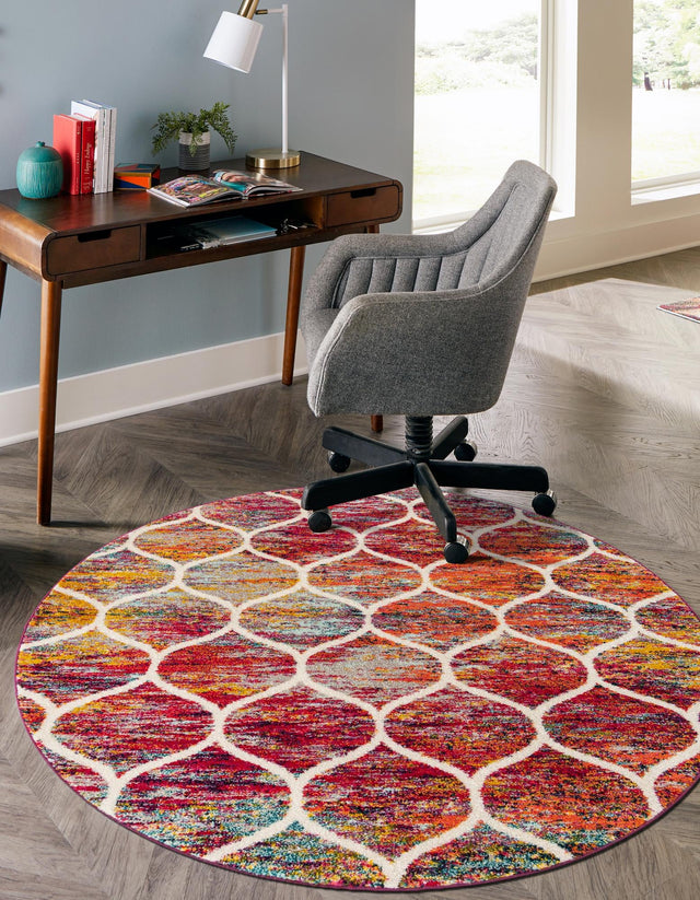 Multicolor 10' x 10' Trellis Frieze Round Area Rug Geometric Modern Unique Stain Resistant Easy Clean Carpet for Living, Dining, Bedrooms, Office for Sale at Rug Engine