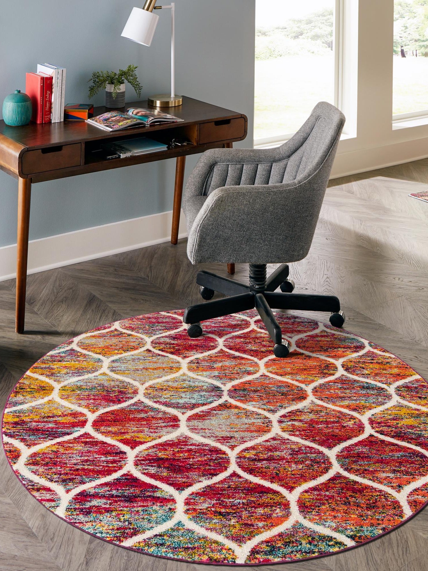 Multicolor 5' 3 x 5' 3 Trellis Frieze Round Area Rug Geometric Modern Unique Stain Resistant Easy Clean Carpet for Living, Dining, Bedrooms, Office for Sale at Rug Engine
