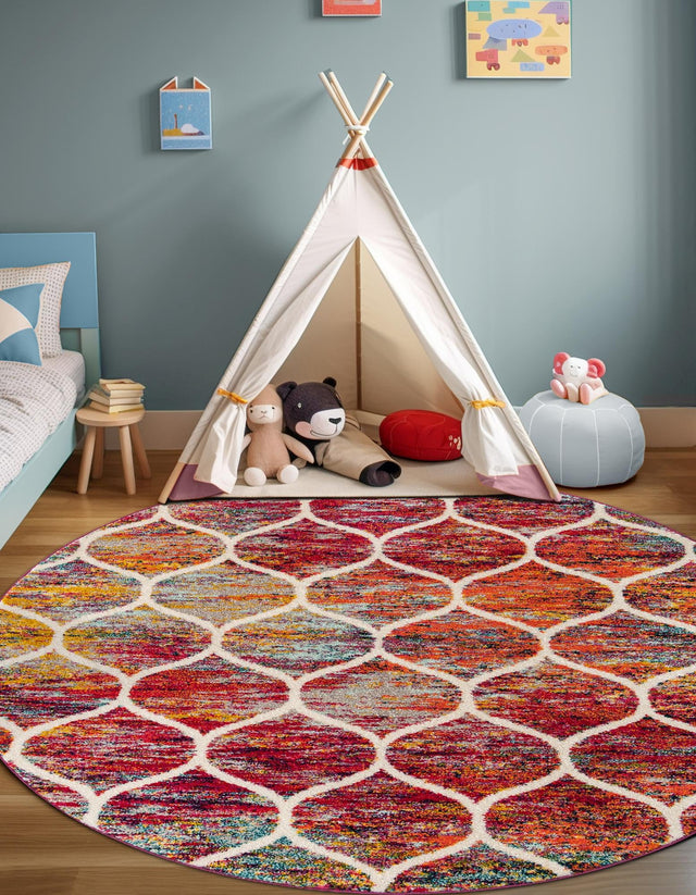 Multicolor 10' x 10' Trellis Frieze Round Area Rug Geometric Modern Unique Stain Resistant Easy Clean Carpet for Living, Dining, Bedrooms, Office for Sale at Rug Engine