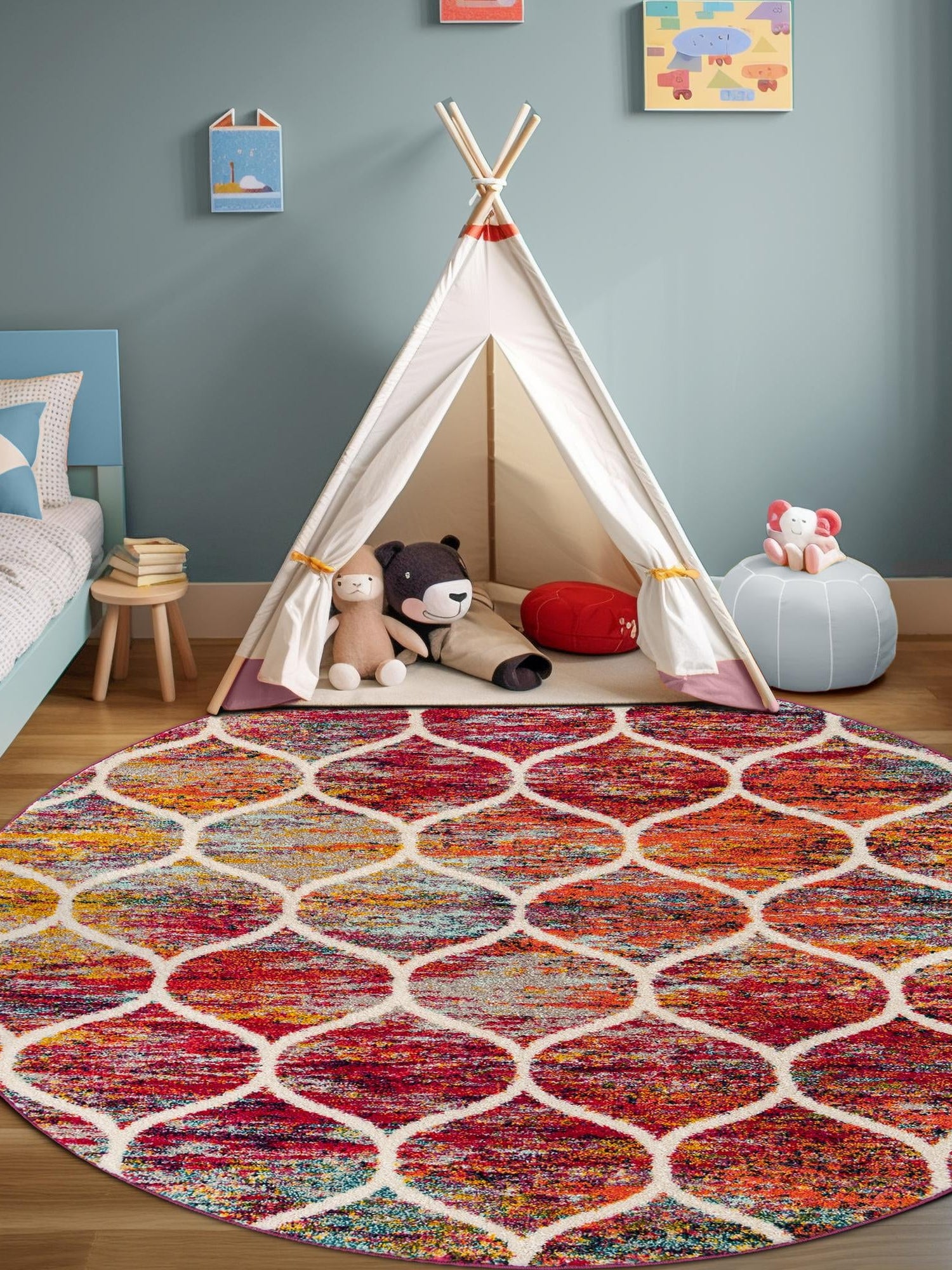 Multicolor 7' 10 x 7' 10 Trellis Frieze Round Area Rug Geometric Modern Unique Stain Resistant Easy Clean Carpet for Living, Dining, Bedrooms, Office for Sale at Rug Engine