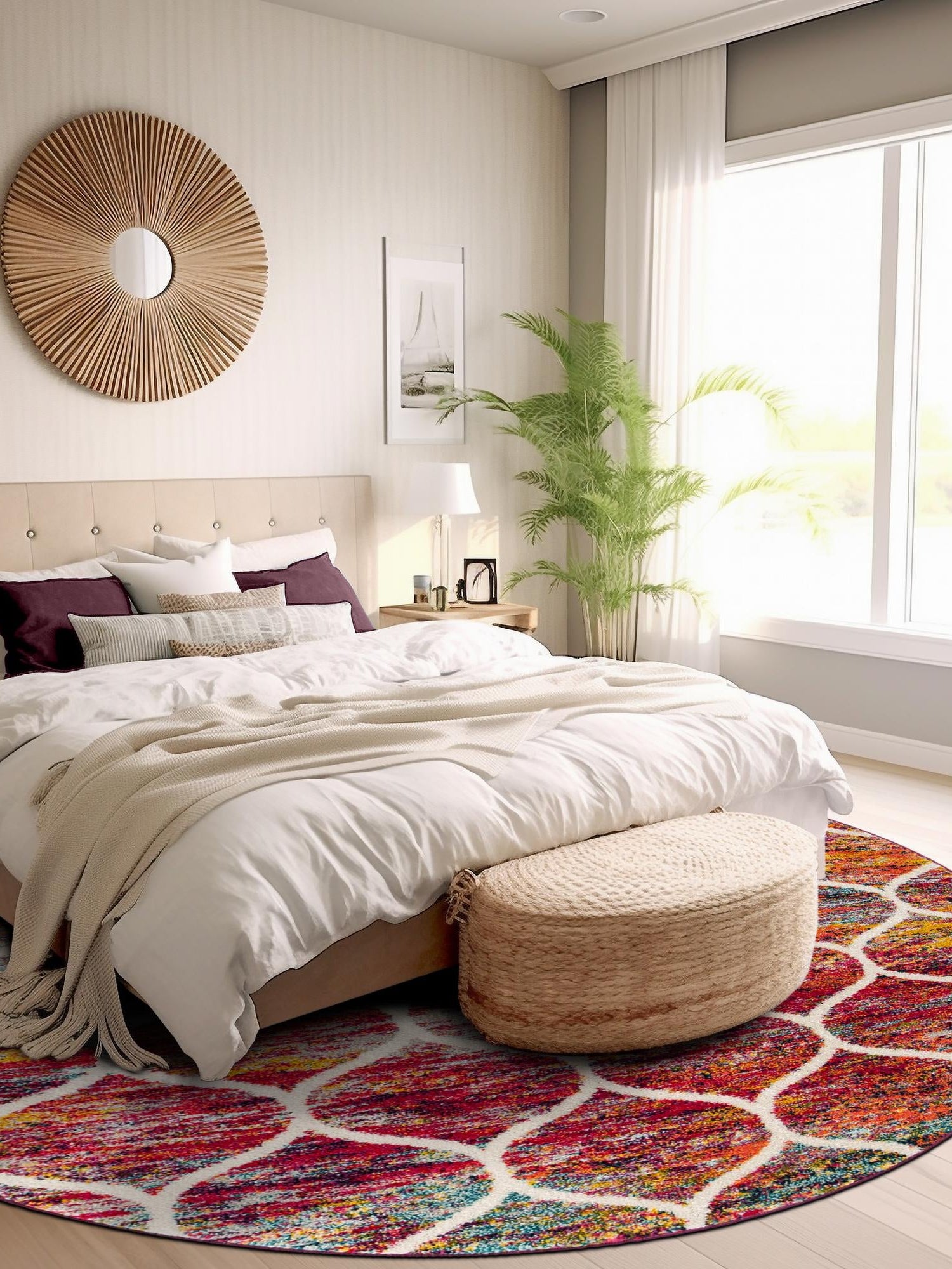 Multicolor 7' 10 x 7' 10 Trellis Frieze Round Area Rug Geometric Modern Unique Stain Resistant Easy Clean Carpet for Living, Dining, Bedrooms, Office for Sale at Rug Engine