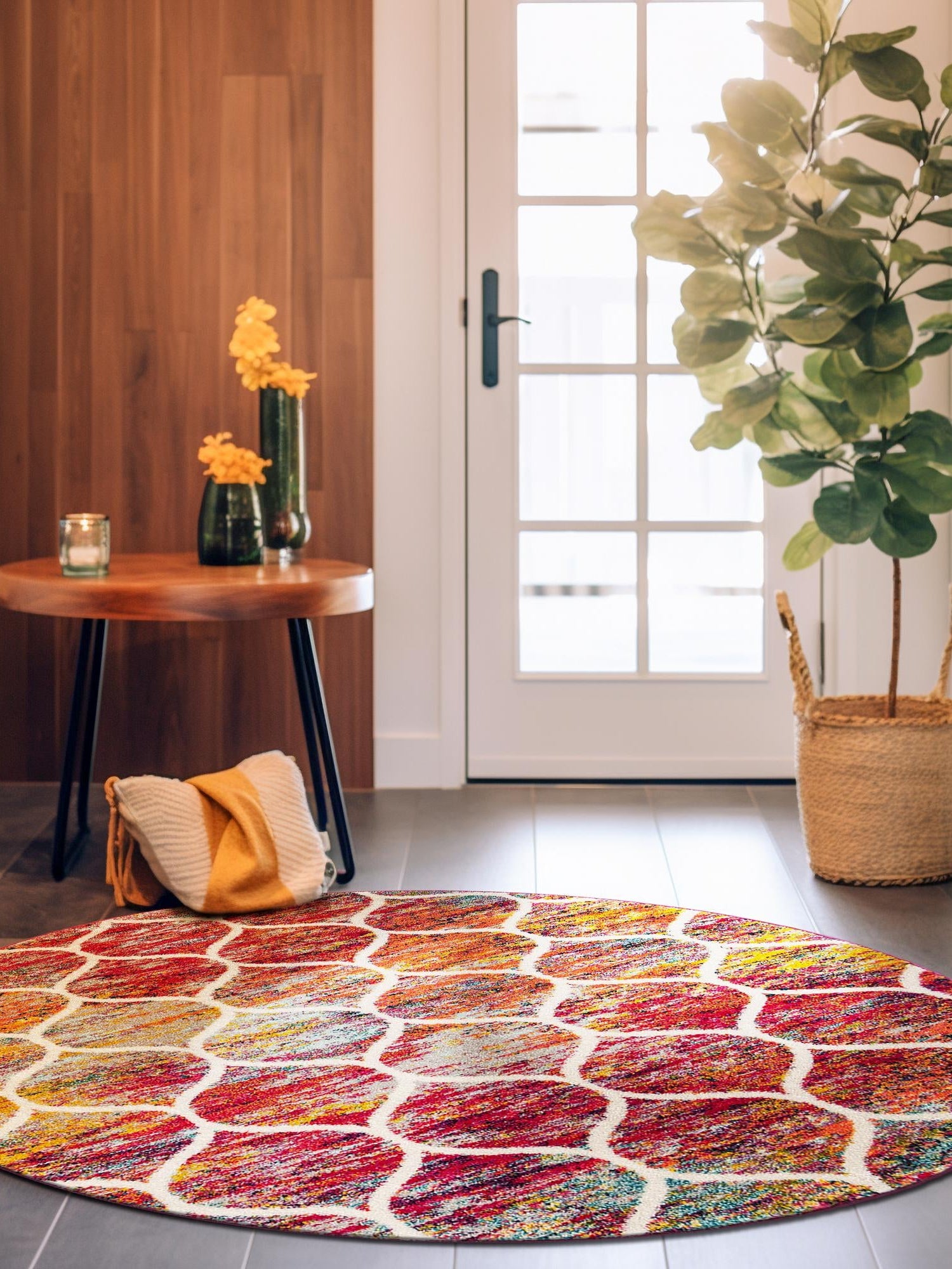 Multicolor 5' 3 x 5' 3 Trellis Frieze Round Area Rug Geometric Modern Unique Stain Resistant Easy Clean Carpet for Living, Dining, Bedrooms, Office for Sale at Rug Engine