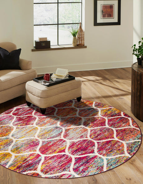 Multicolor 10' x 10' Trellis Frieze Round Area Rug Geometric Modern Unique Stain Resistant Easy Clean Carpet for Living, Dining, Bedrooms, Office for Sale at Rug Engine