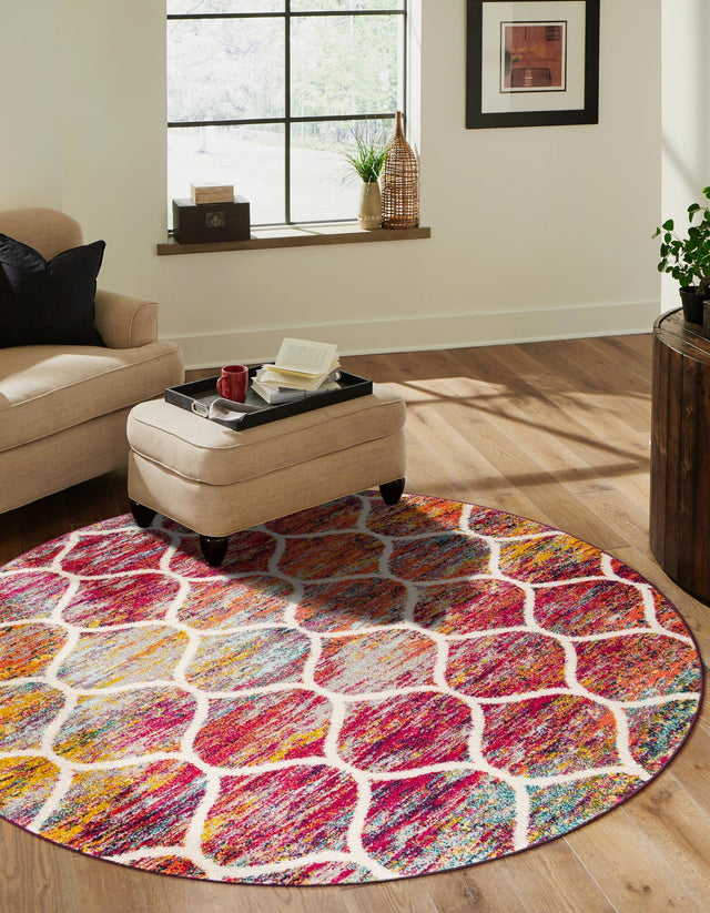Multicolor 10' x 10' Trellis Frieze Round Area Rug Geometric Modern Unique Stain Resistant Easy Clean Carpet for Living, Dining, Bedrooms, Office for Sale at Rug Engine