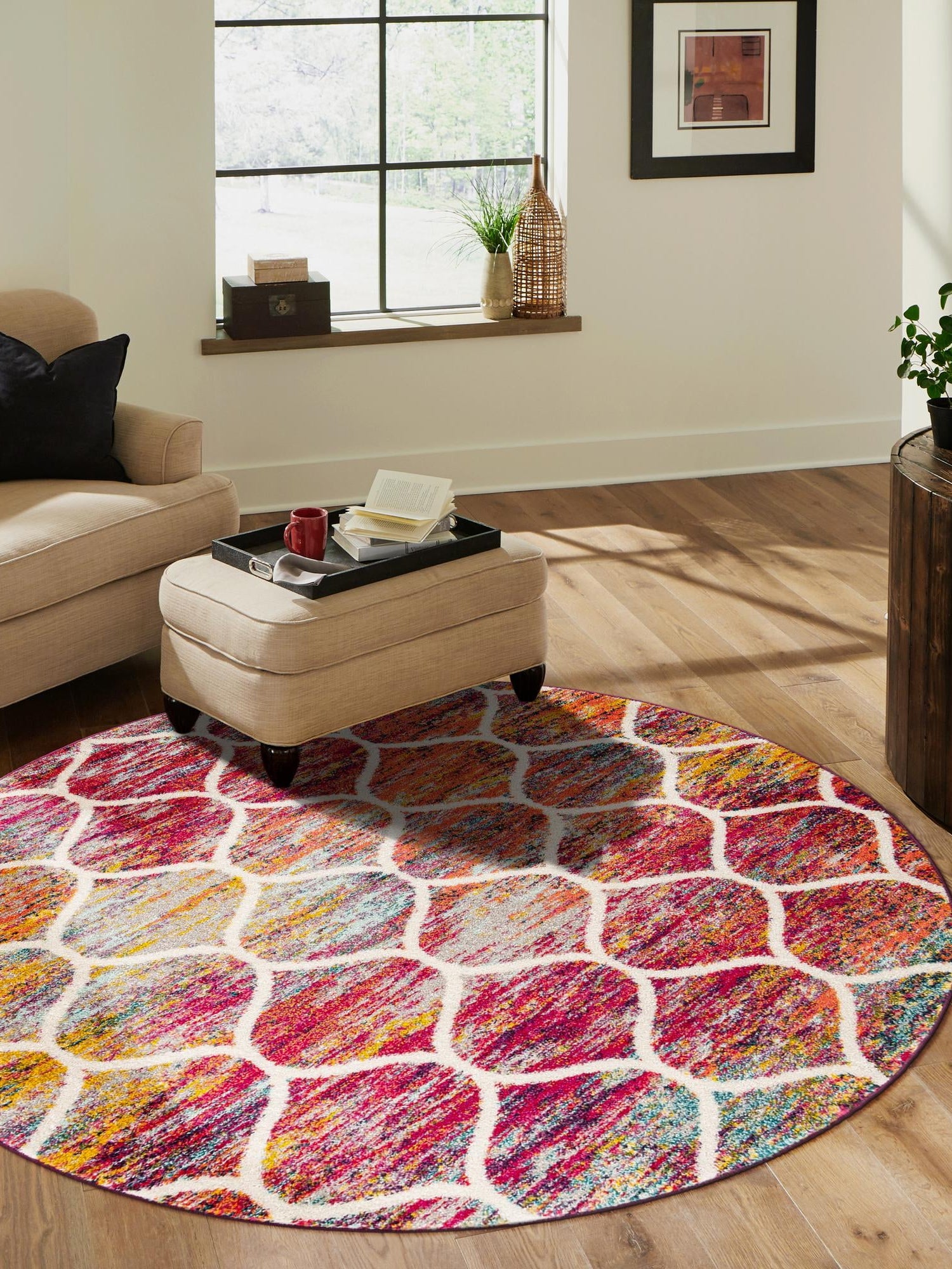 Multicolor 5' 3 x 5' 3 Trellis Frieze Round Area Rug Geometric Modern Unique Stain Resistant Easy Clean Carpet for Living, Dining, Bedrooms, Office for Sale at Rug Engine