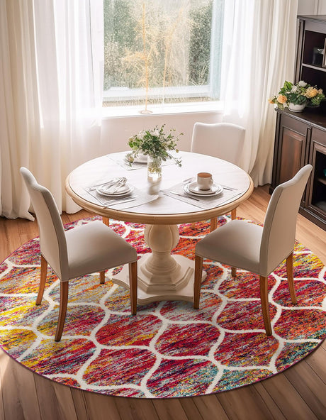 Multicolor 10' x 10' Trellis Frieze Round Area Rug Geometric Modern Unique Stain Resistant Easy Clean Carpet for Living, Dining, Bedrooms, Office for Sale at Rug Engine