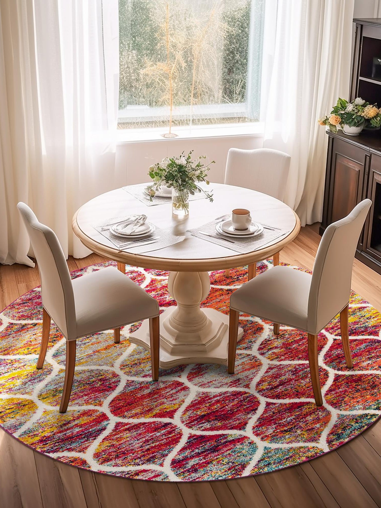 Multicolor 7' 1 x 7' 1 Trellis Frieze Round Area Rug Geometric Modern Unique Stain Resistant Easy Clean Carpet for Living, Dining, Bedrooms, Office for Sale at Rug Engine