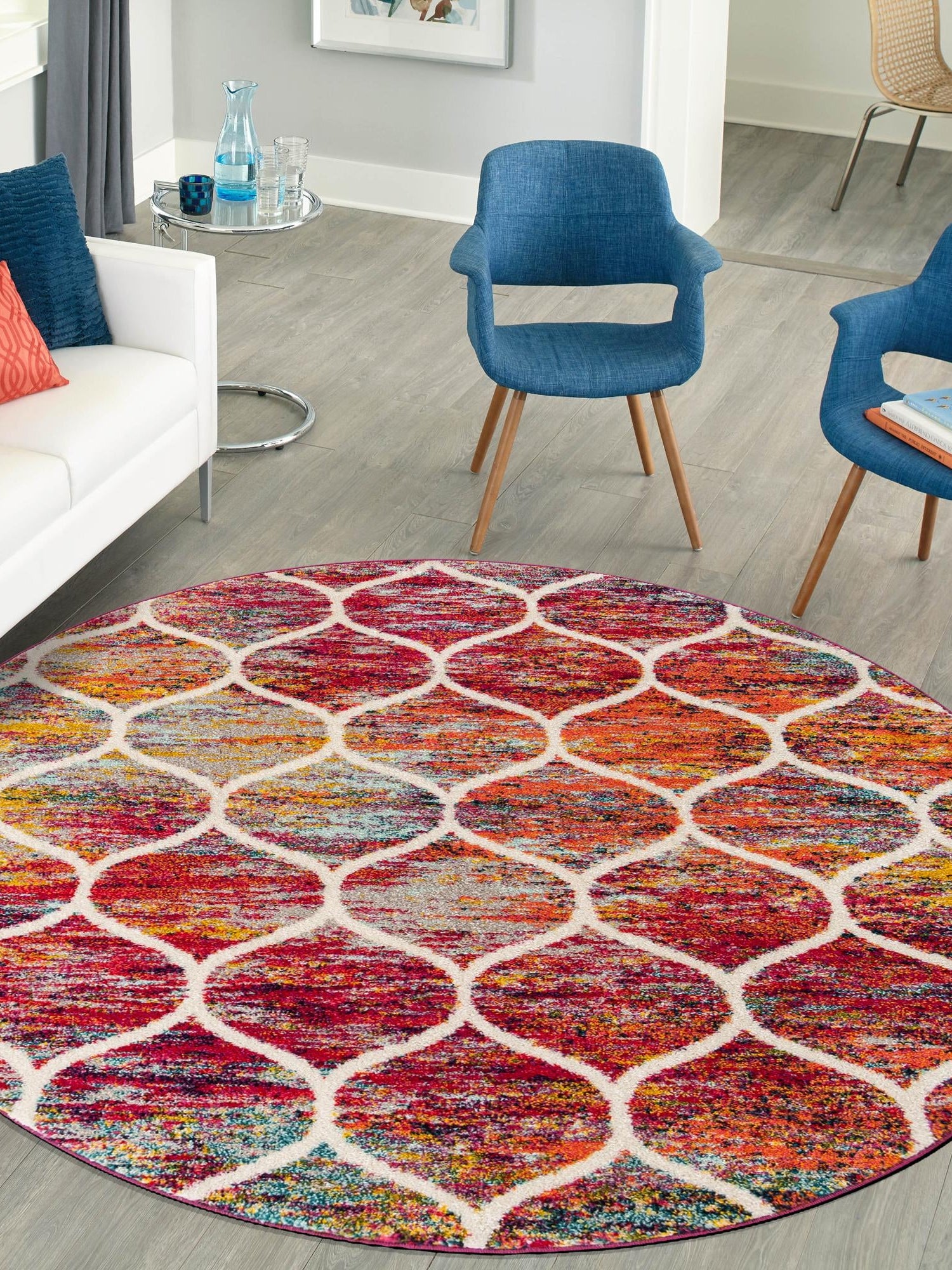 Multicolor 7' 10 x 7' 10 Trellis Frieze Round Area Rug Geometric Modern Unique Stain Resistant Easy Clean Carpet for Living, Dining, Bedrooms, Office for Sale at Rug Engine