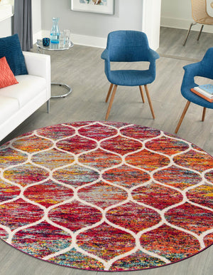 Multicolor 7' 10 x 7' 10 Trellis Frieze Round Area Rug Geometric Modern Unique Stain Resistant Easy Clean Carpet for Living, Dining, Bedrooms, Office for Sale at Rug Engine