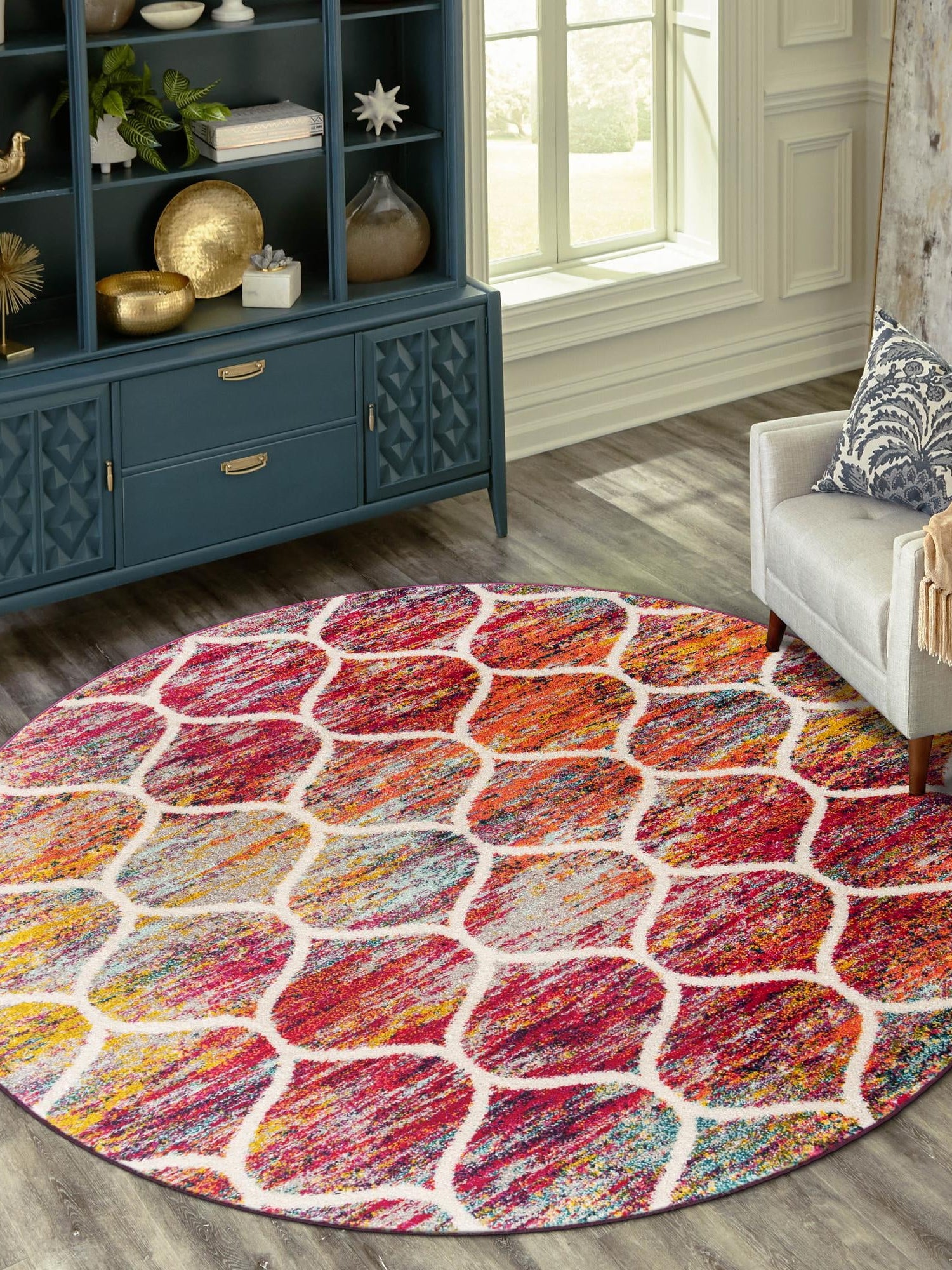 Multicolor 7' 10 x 7' 10 Trellis Frieze Round Area Rug Geometric Modern Unique Stain Resistant Easy Clean Carpet for Living, Dining, Bedrooms, Office for Sale at Rug Engine