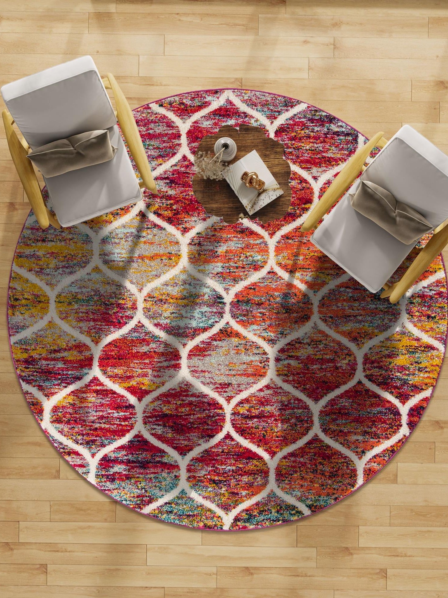 Multicolor 7' 10 x 7' 10 Trellis Frieze Round Area Rug Geometric Modern Unique Stain Resistant Easy Clean Carpet for Living, Dining, Bedrooms, Office for Sale at Rug Engine