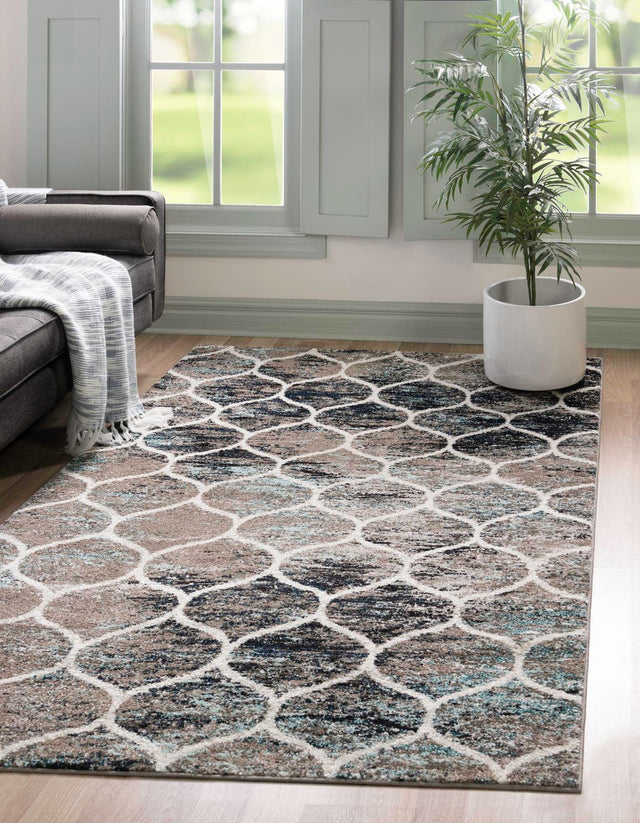 Blue Multicolor 7' 1 x 10' Trellis Frieze Rectangle Area Rug Geometric Modern Unique Stain Resistant Easy Clean Carpet for Living, Dining, Bedrooms, Office for Sale at Rug Engine