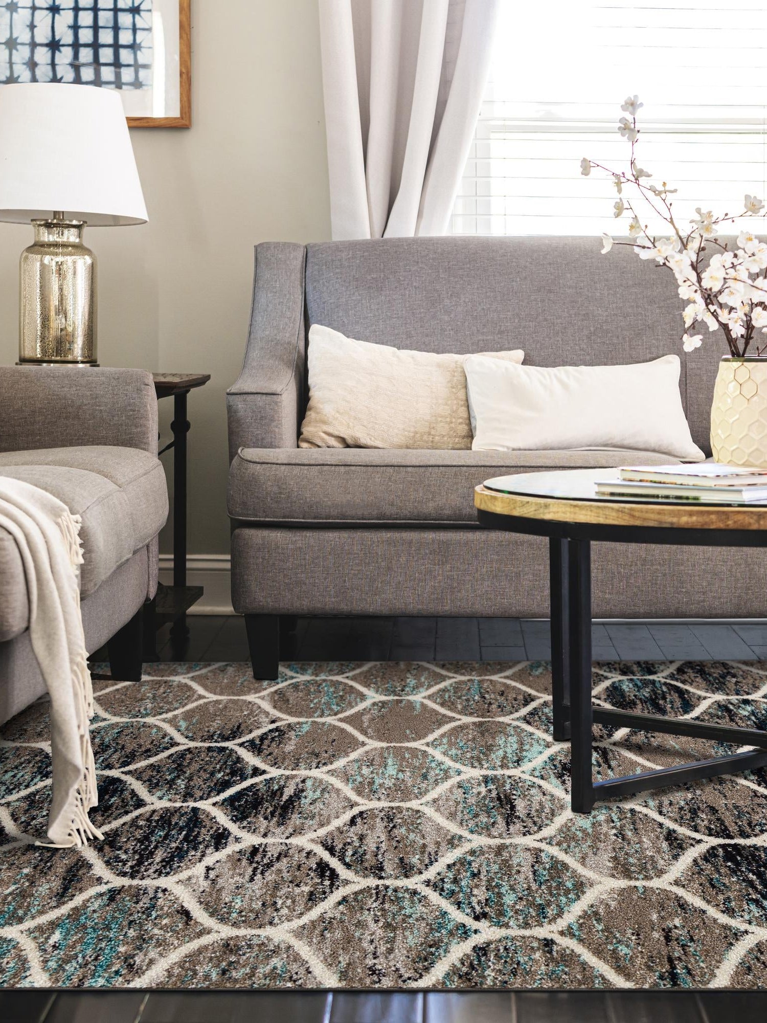 Blue Multicolor 7' 10 x 11' Trellis Frieze Rectangle Area Rug Geometric Modern Unique Stain Resistant Easy Clean Carpet for Living, Dining, Bedrooms, Office for Sale at Rug Engine