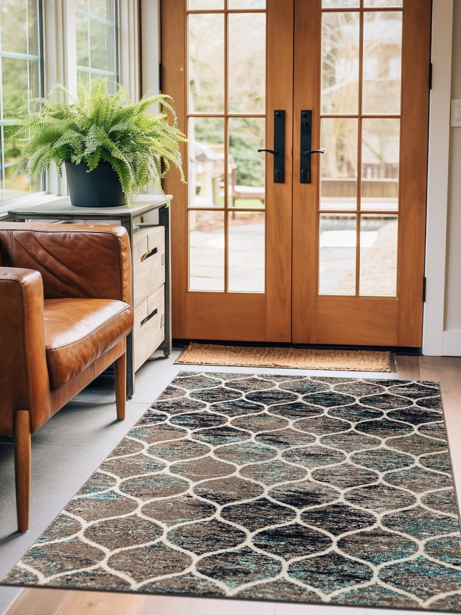 Blue Multicolor 2' x 3' 1 Trellis Frieze Rectangle Area Rug Geometric Modern Unique Stain Resistant Easy Clean Carpet for Living, Dining, Bedrooms, Office for Sale at Rug Engine