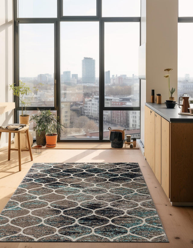 Blue Multicolor 6' 1 x 9' Trellis Frieze Rectangle Area Rug Geometric Modern Unique Stain Resistant Easy Clean Carpet for Living, Dining, Bedrooms, Office for Sale at Rug Engine