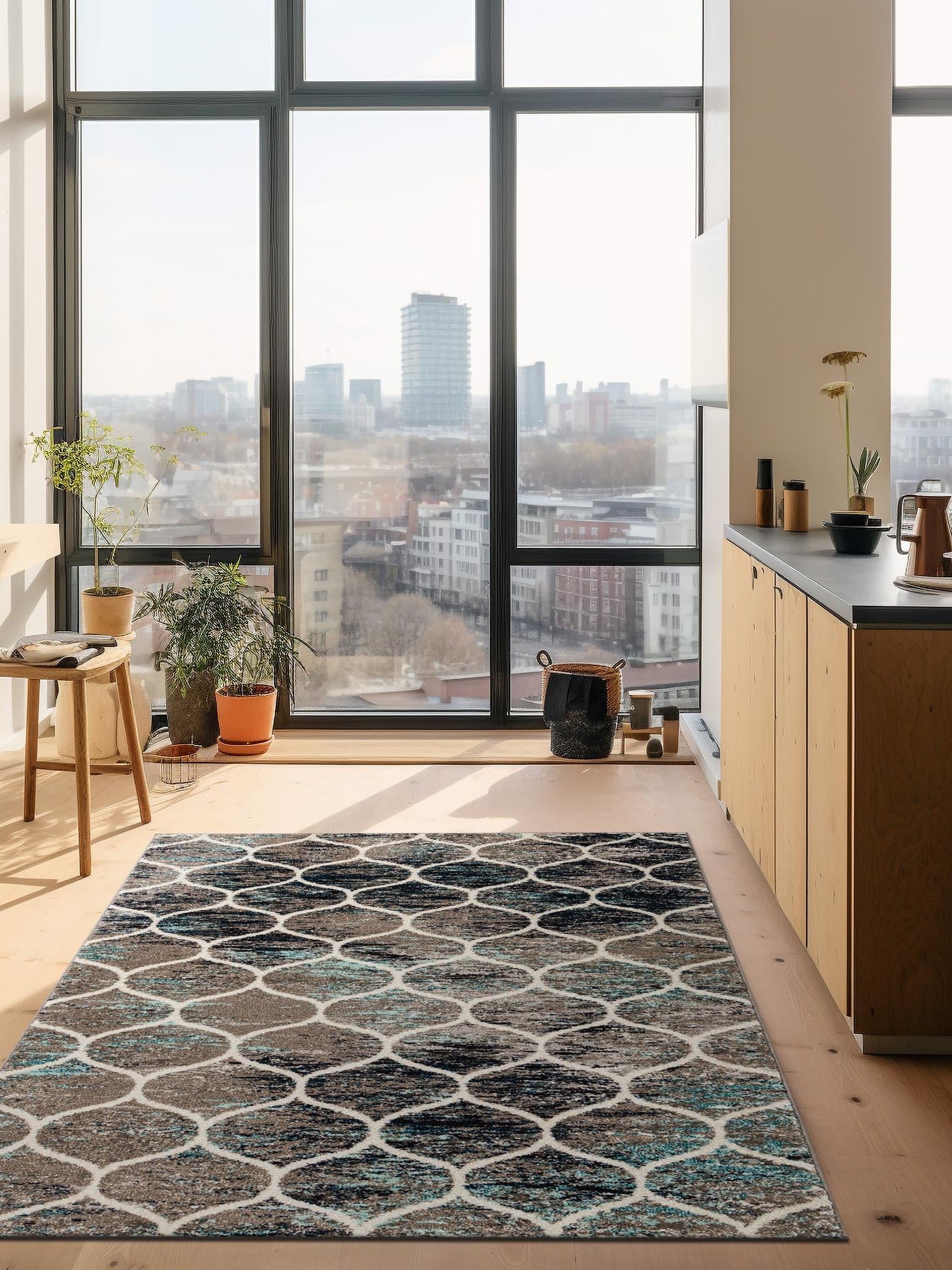 Blue Multicolor 7' 10 x 11' Trellis Frieze Rectangle Area Rug Geometric Modern Unique Stain Resistant Easy Clean Carpet for Living, Dining, Bedrooms, Office for Sale at Rug Engine