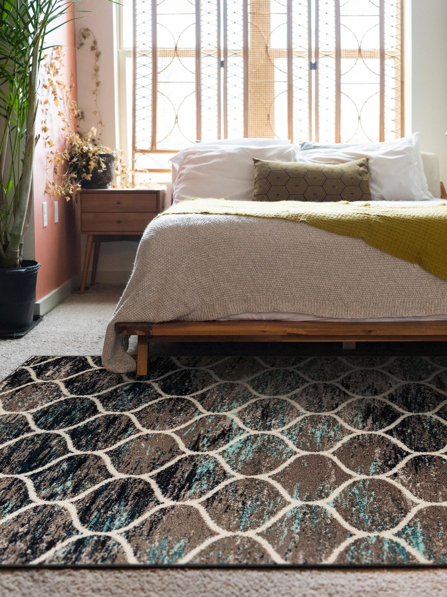 Blue Multicolor 4' 1 x 6' 1 Trellis Frieze Rectangle Area Rug Geometric Modern Unique Stain Resistant Easy Clean Carpet for Living, Dining, Bedrooms, Office for Sale at Rug Engine