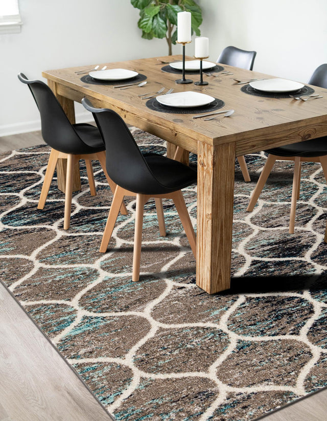 Blue Multicolor 6' 1 x 9' Trellis Frieze Rectangle Area Rug Geometric Modern Unique Stain Resistant Easy Clean Carpet for Living, Dining, Bedrooms, Office for Sale at Rug Engine