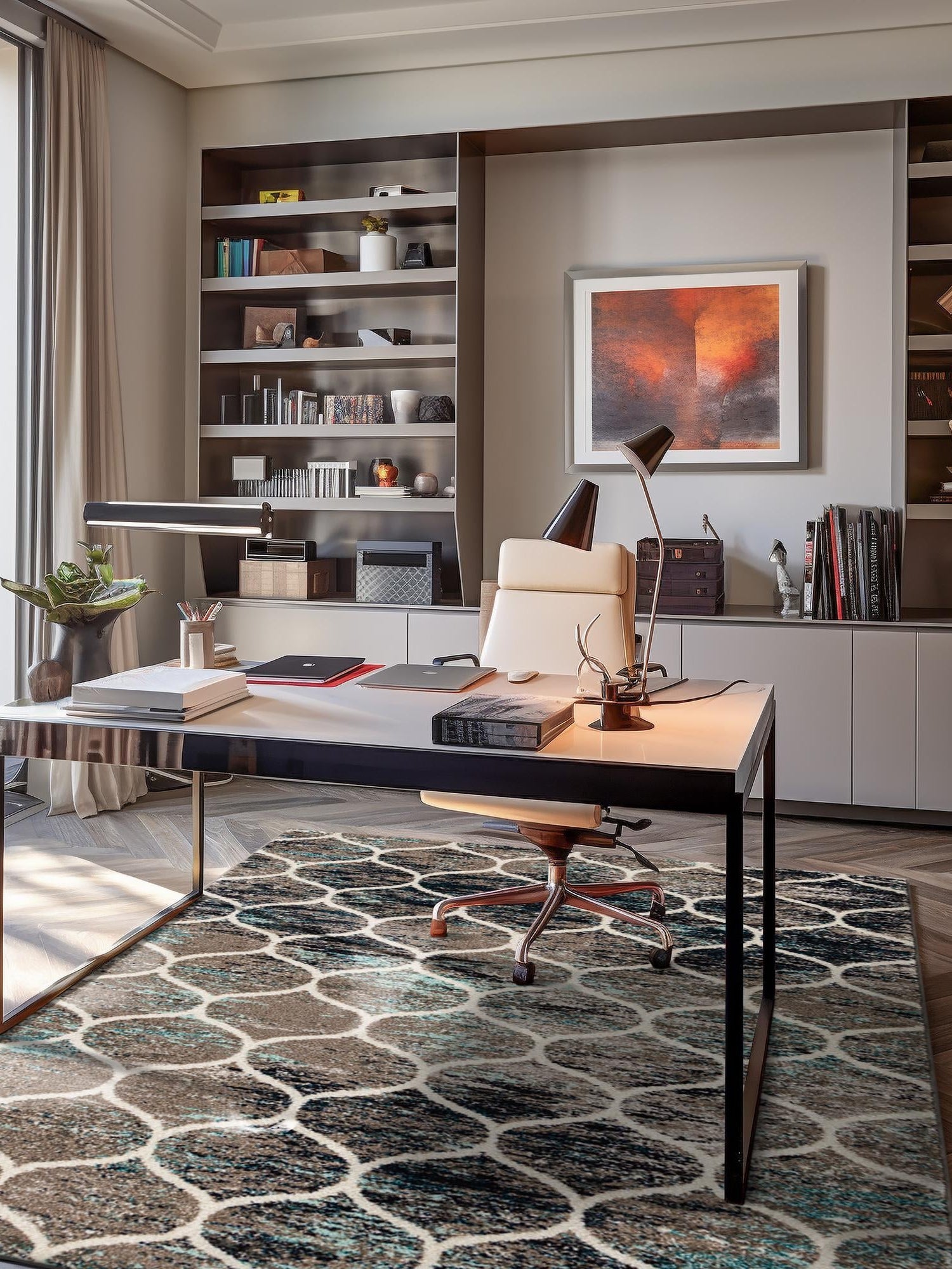 Blue Multicolor 6' 1 x 9' Trellis Frieze Rectangle Area Rug Geometric Modern Unique Stain Resistant Easy Clean Carpet for Living, Dining, Bedrooms, Office for Sale at Rug Engine
