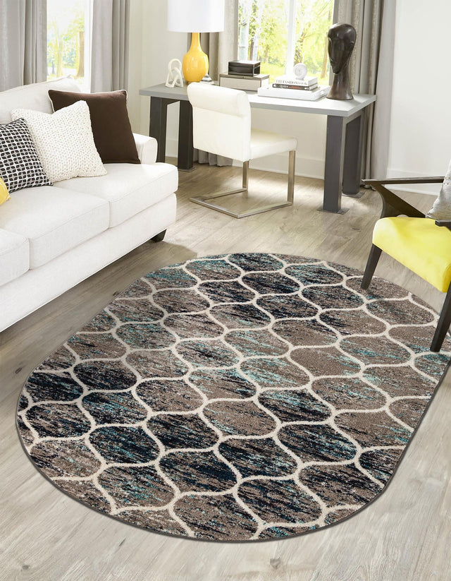 Blue Multicolor 5' 3 x 8' Trellis Frieze Oval Area Rug Geometric Modern Unique Stain Resistant Easy Clean Carpet for Living, Dining, Bedrooms, Office for Sale at Rug Engine