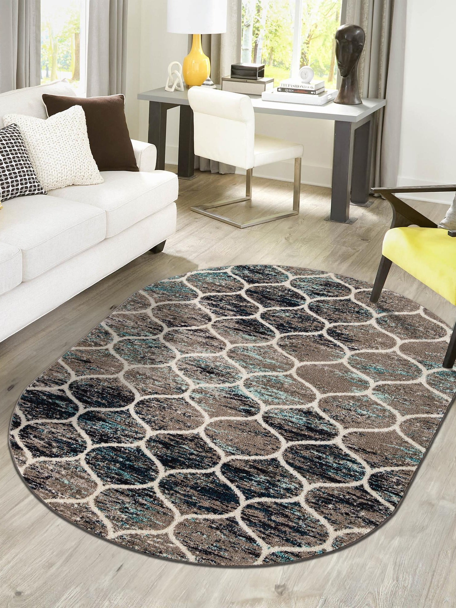 Blue Multicolor 7' 1 x 10' Trellis Frieze Oval Area Rug Geometric Modern Unique Stain Resistant Easy Clean Carpet for Living, Dining, Bedrooms, Office for Sale at Rug Engine