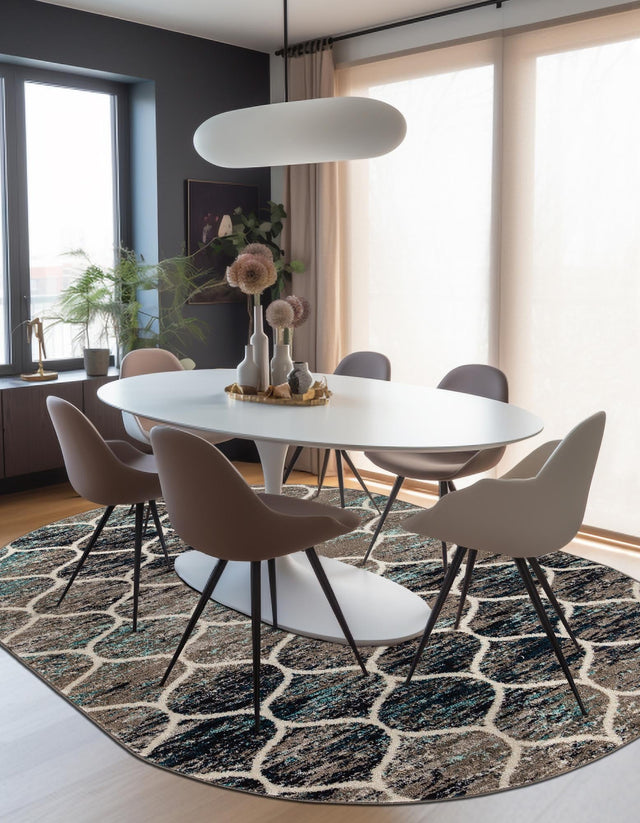 Blue Multicolor 5' 3 x 8' Trellis Frieze Oval Area Rug Geometric Modern Unique Stain Resistant Easy Clean Carpet for Living, Dining, Bedrooms, Office for Sale at Rug Engine
