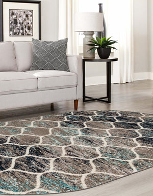 Blue Multicolor 6' 1 x 9' Trellis Frieze Oval Area Rug Geometric Modern Unique Stain Resistant Easy Clean Carpet for Living, Dining, Bedrooms, Office for Sale at Rug Engine