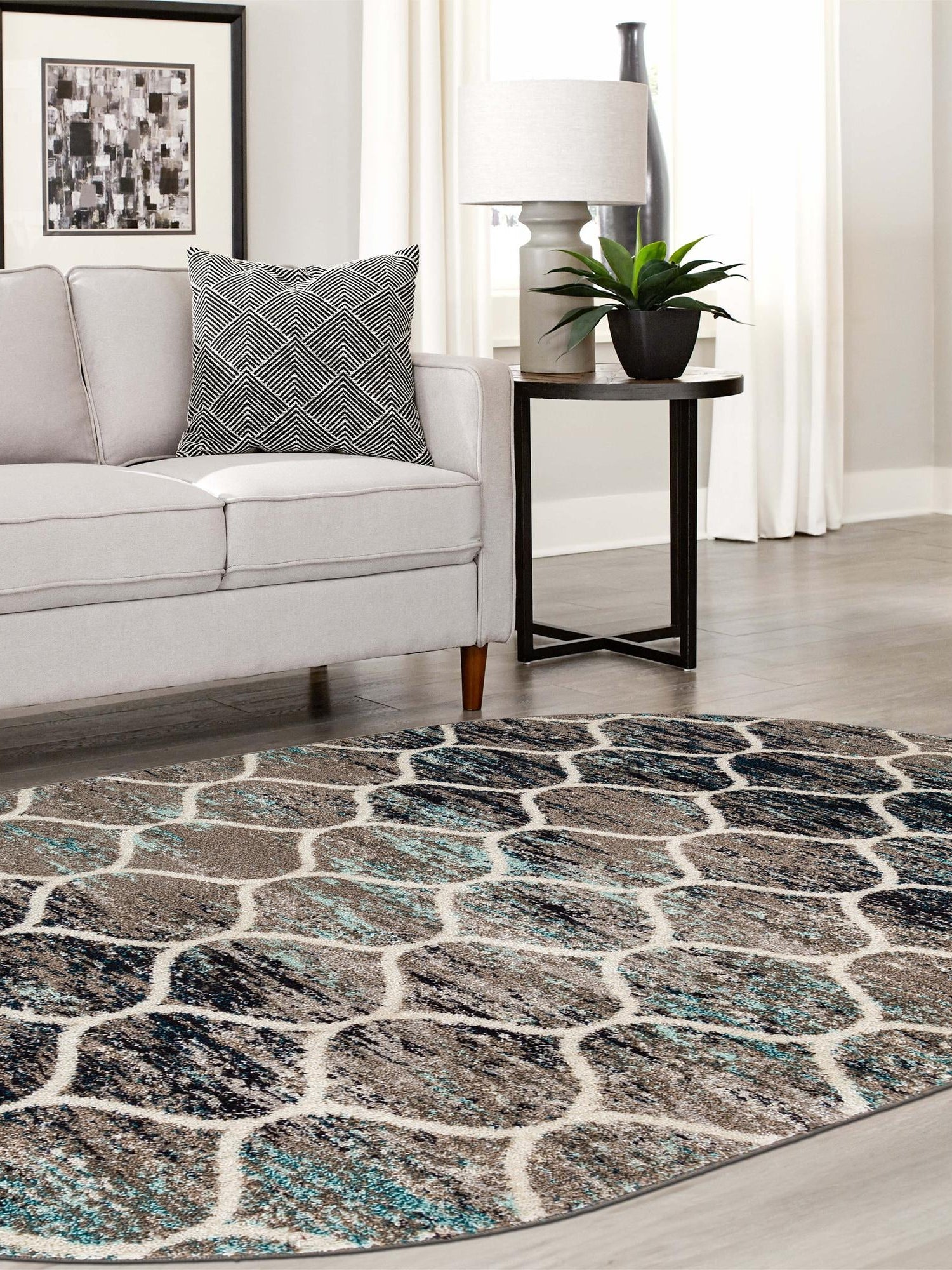 Blue Multicolor 7' 1 x 10' Trellis Frieze Oval Area Rug Geometric Modern Unique Stain Resistant Easy Clean Carpet for Living, Dining, Bedrooms, Office for Sale at Rug Engine