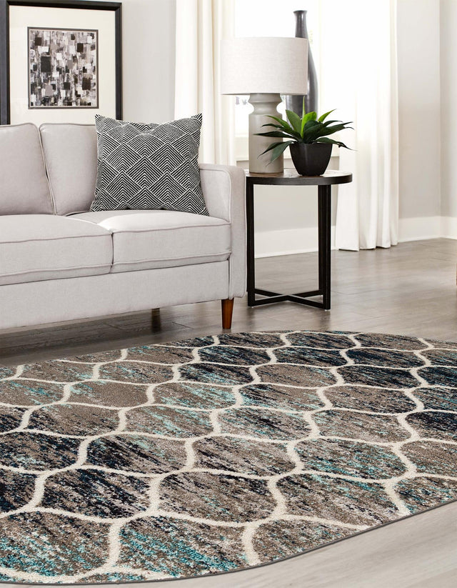 Blue Multicolor 2' x 3' 1 Trellis Frieze Oval Area Rug Geometric Modern Unique Stain Resistant Easy Clean Carpet for Living, Dining, Bedrooms, Office for Sale at Rug Engine