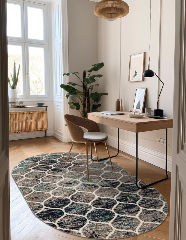 Blue Multicolor 5' 3 x 8' Trellis Frieze Oval Area Rug Geometric Modern Unique Stain Resistant Easy Clean Carpet for Living, Dining, Bedrooms, Office for Sale at Rug Engine