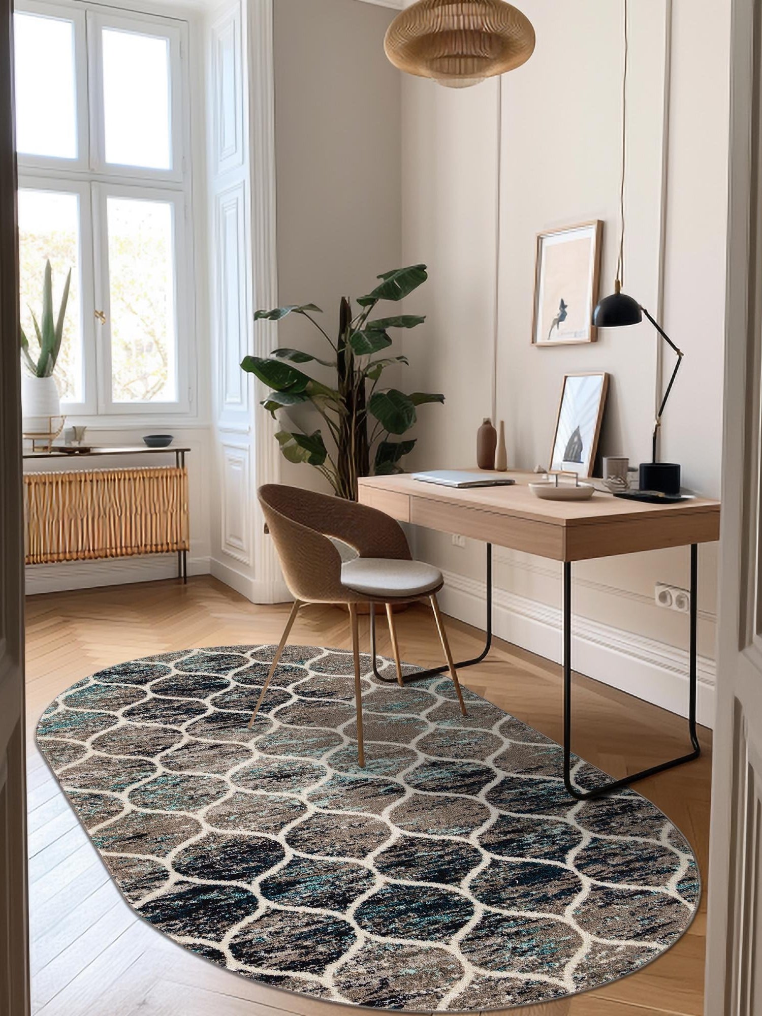 Blue Multicolor 7' 1 x 10' Trellis Frieze Oval Area Rug Geometric Modern Unique Stain Resistant Easy Clean Carpet for Living, Dining, Bedrooms, Office for Sale at Rug Engine
