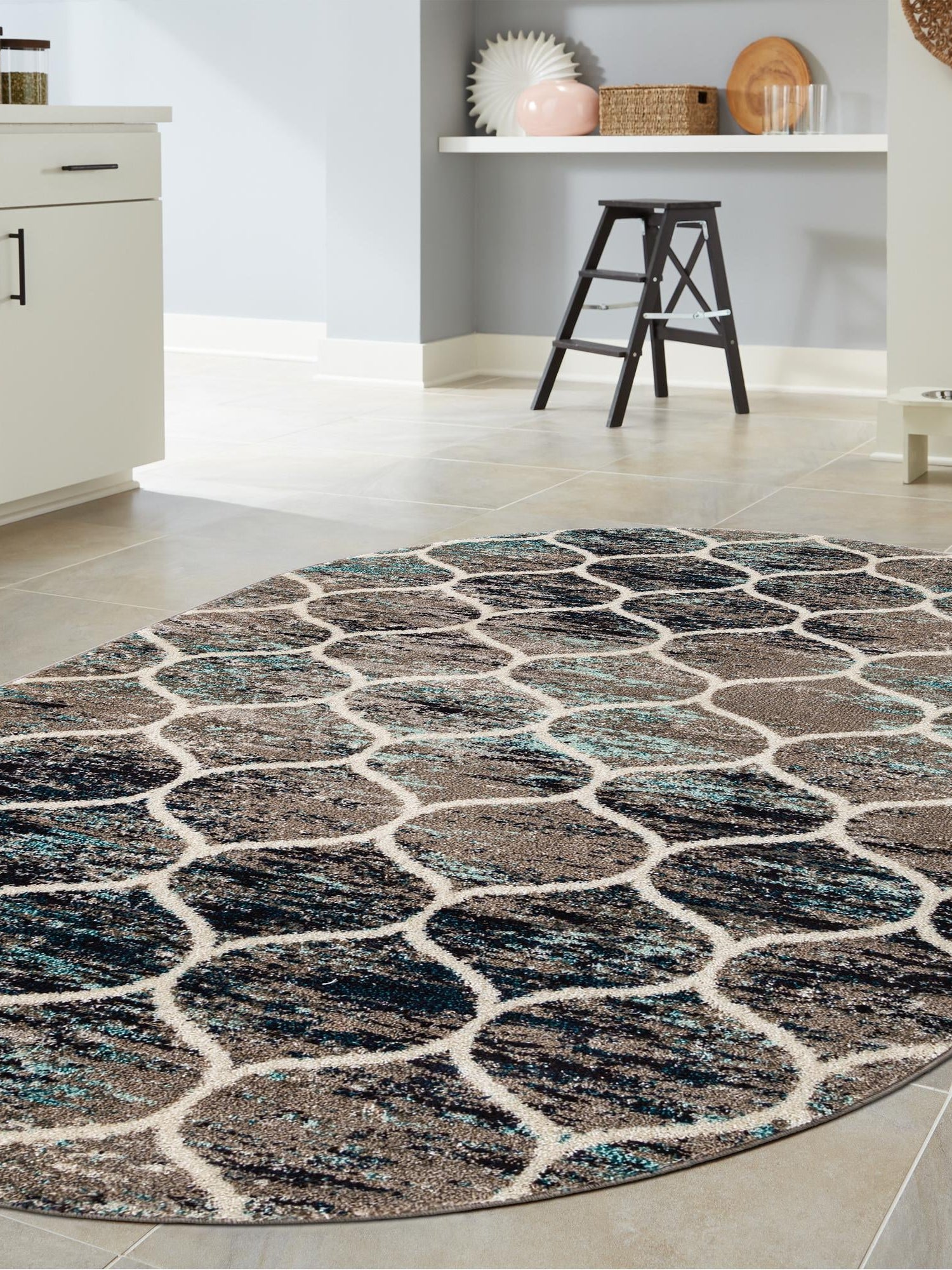 Blue Multicolor 5' 3 x 8' Trellis Frieze Oval Area Rug Geometric Modern Unique Stain Resistant Easy Clean Carpet for Living, Dining, Bedrooms, Office for Sale at Rug Engine