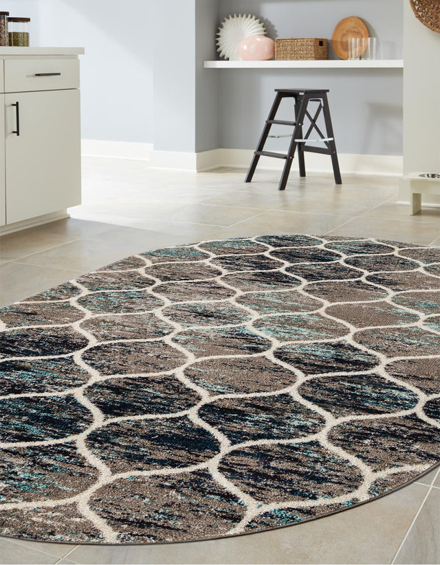 Blue Multicolor 5' 3 x 8' Trellis Frieze Oval Area Rug Geometric Modern Unique Stain Resistant Easy Clean Carpet for Living, Dining, Bedrooms, Office for Sale at Rug Engine