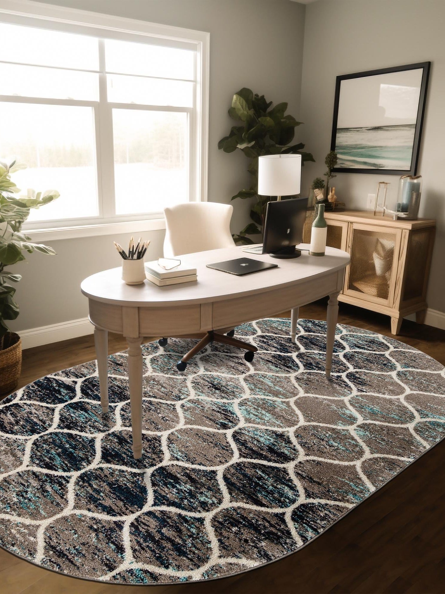 Blue Multicolor 7' 1 x 10' Trellis Frieze Oval Area Rug Geometric Modern Unique Stain Resistant Easy Clean Carpet for Living, Dining, Bedrooms, Office for Sale at Rug Engine