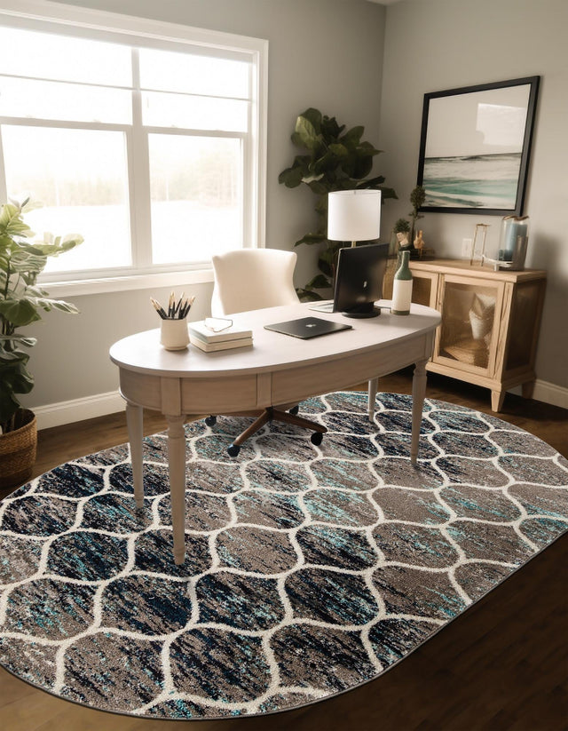 Blue Multicolor 2' x 3' 1 Trellis Frieze Oval Area Rug Geometric Modern Unique Stain Resistant Easy Clean Carpet for Living, Dining, Bedrooms, Office for Sale at Rug Engine