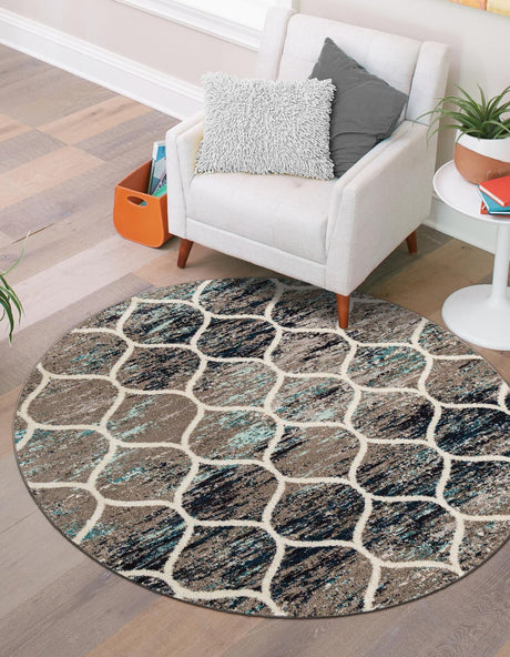 Blue Multicolor 7' 1 x 7' 1 Trellis Frieze Round Area Rug Geometric Modern Unique Stain Resistant Easy Clean Carpet for Living, Dining, Bedrooms, Office for Sale at Rug Engine