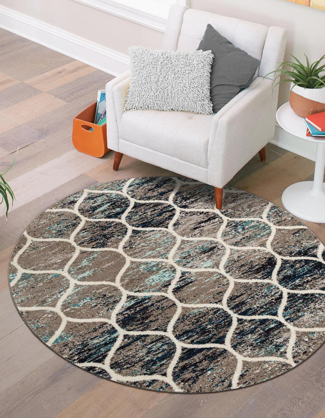 Blue Multicolor 7' 1 x 7' 1 Trellis Frieze Round Area Rug Geometric Modern Unique Stain Resistant Easy Clean Carpet for Living, Dining, Bedrooms, Office for Sale at Rug Engine