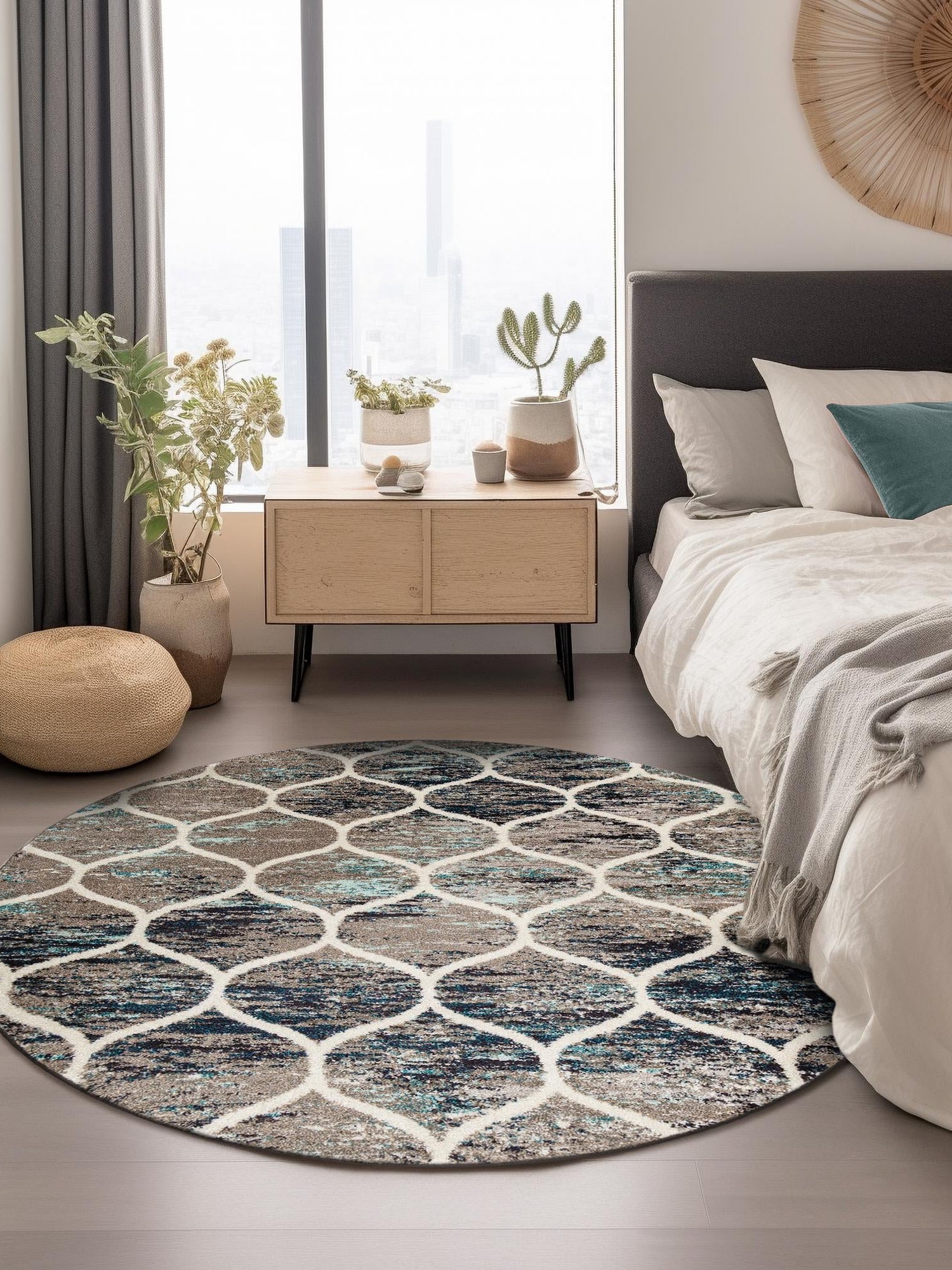 Blue Multicolor 7' 1 x 7' 1 Trellis Frieze Round Area Rug Geometric Modern Unique Stain Resistant Easy Clean Carpet for Living, Dining, Bedrooms, Office for Sale at Rug Engine