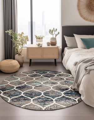 Blue Multicolor 7' 1 x 7' 1 Trellis Frieze Round Area Rug Geometric Modern Unique Stain Resistant Easy Clean Carpet for Living, Dining, Bedrooms, Office for Sale at Rug Engine