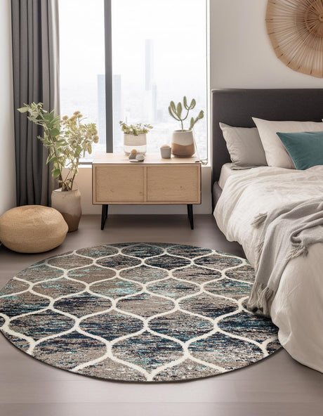 Blue Multicolor 7' 1 x 7' 1 Trellis Frieze Round Area Rug Geometric Modern Unique Stain Resistant Easy Clean Carpet for Living, Dining, Bedrooms, Office for Sale at Rug Engine