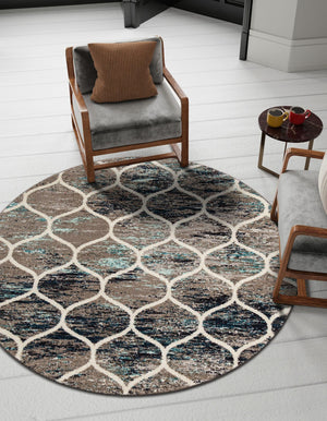 Blue Multicolor 7' 1 x 7' 1 Trellis Frieze Round Area Rug Geometric Modern Unique Stain Resistant Easy Clean Carpet for Living, Dining, Bedrooms, Office for Sale at Rug Engine
