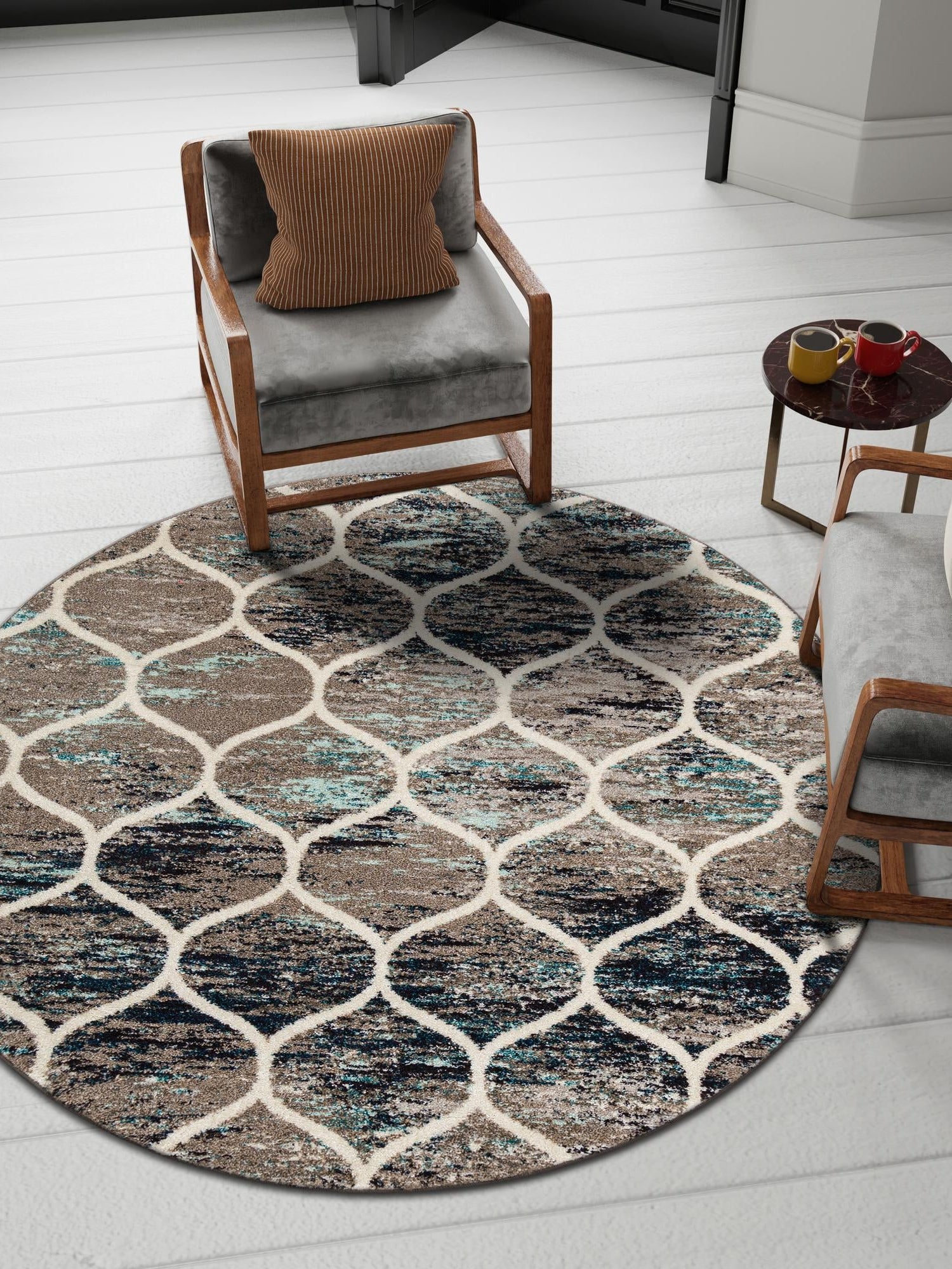 Blue Multicolor 3' 1 x 3' 1 Trellis Frieze Round Area Rug Geometric Modern Unique Stain Resistant Easy Clean Carpet for Living, Dining, Bedrooms, Office for Sale at Rug Engine