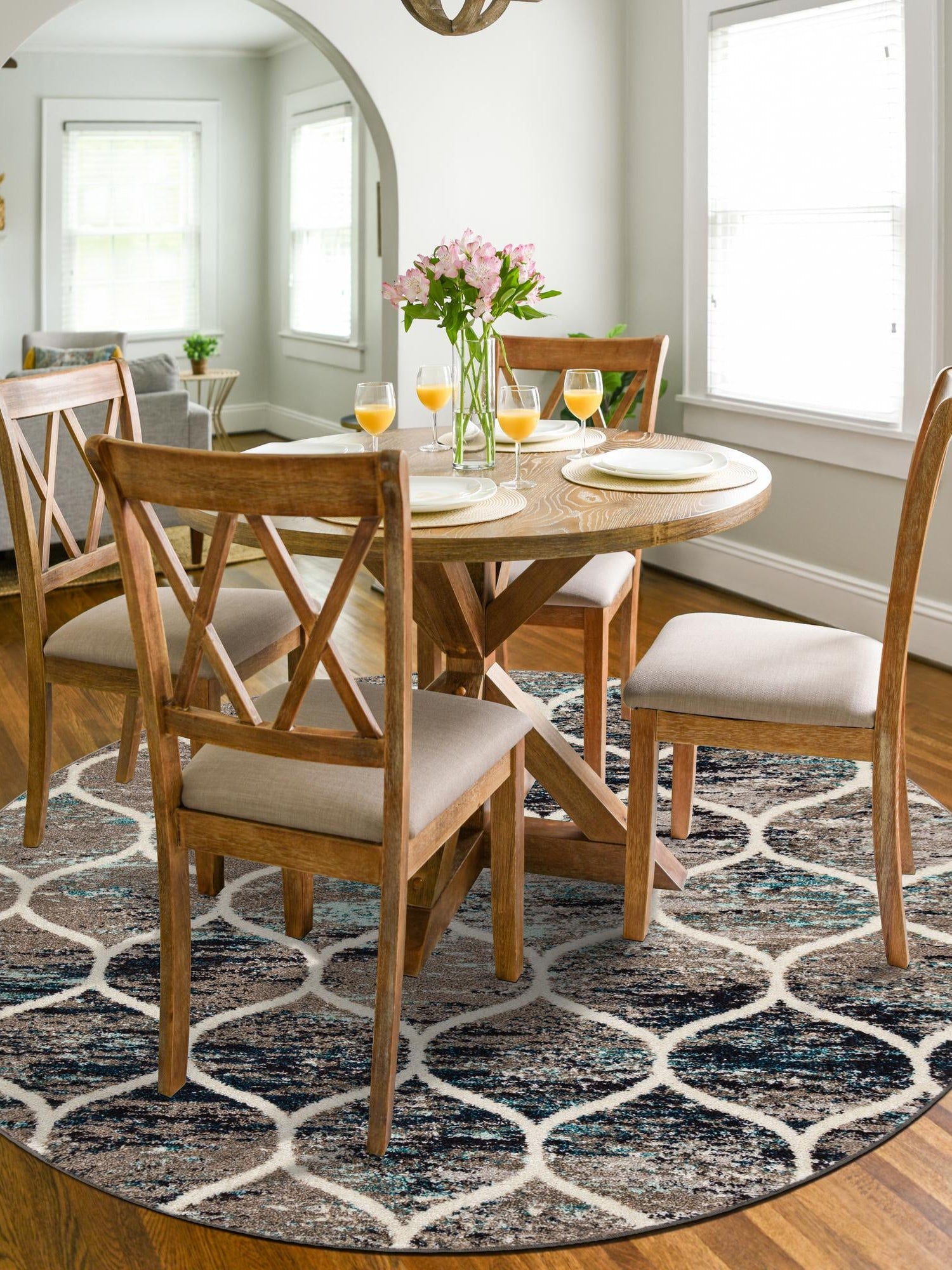 Blue Multicolor 7' 1 x 7' 1 Trellis Frieze Round Area Rug Geometric Modern Unique Stain Resistant Easy Clean Carpet for Living, Dining, Bedrooms, Office for Sale at Rug Engine